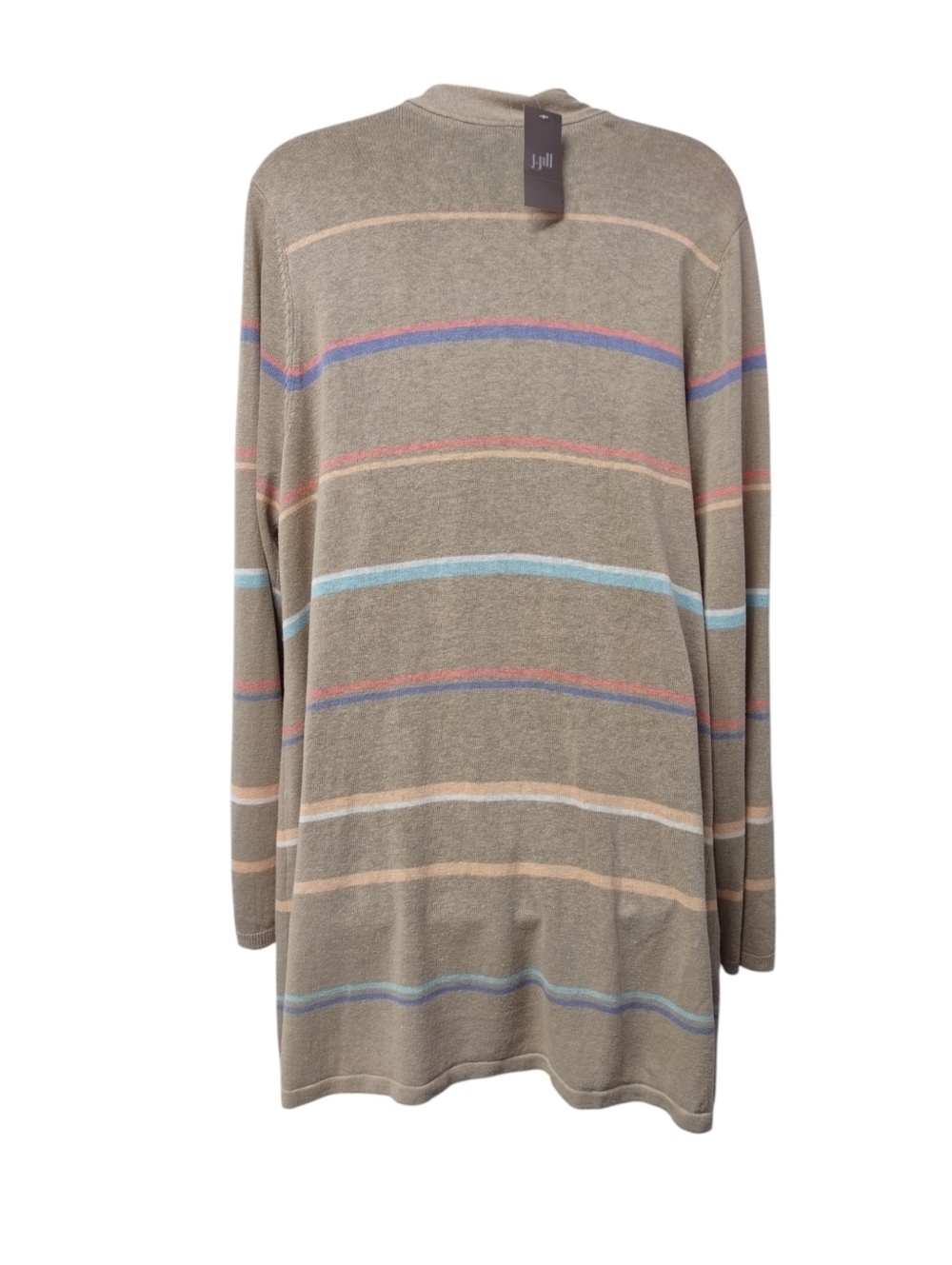 J. Jill Beige Striped Open Front Long Knit Sweater Cardigan Lightweight Sz L NWT - Picture 2 of 6